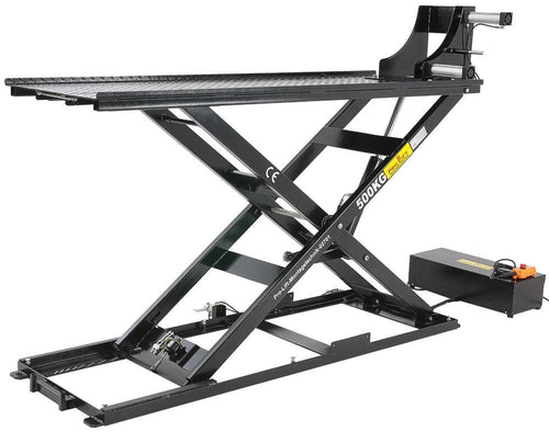 500kg Professional Electric Hydraulic Motorcycle Lift Table – 110mm Low-Profile, 1250mm Lift & Pneumatic Clamp