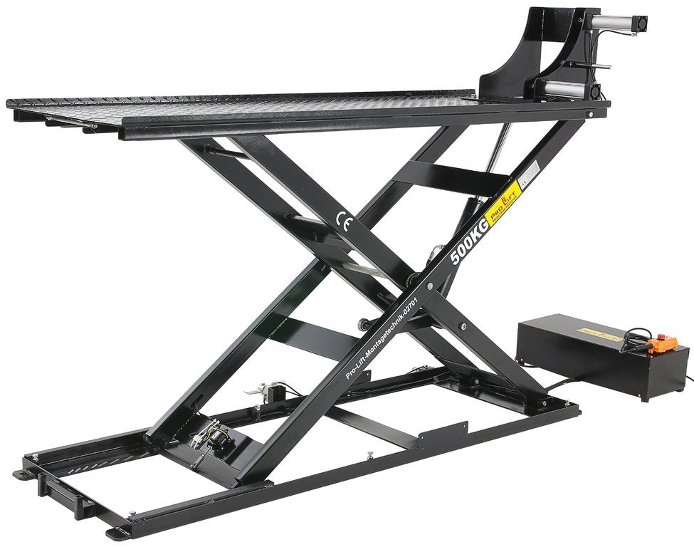 500kg Professional Electric Hydraulic Motorcycle Lift Table – 110mm Low-Profile, 1250mm Lift & Pneumatic Clamp