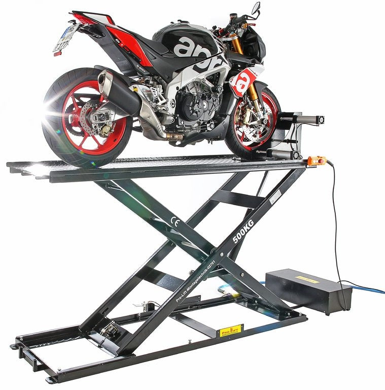 500kg Professional Electric Hydraulic Motorcycle Lift Table – 110mm Low-Profile, 1250mm Lift & Pneumatic Clamp