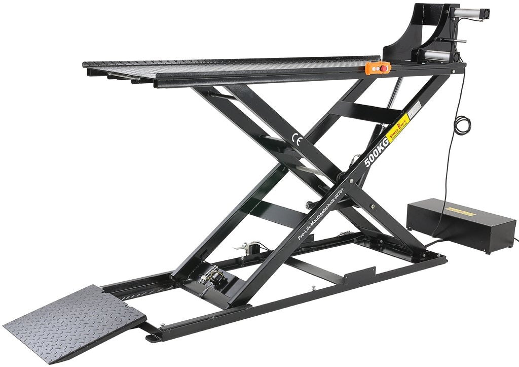 500kg Professional Electric Hydraulic Motorcycle Lift Table – 110mm Low-Profile, 1250mm Lift & Pneumatic Clamp